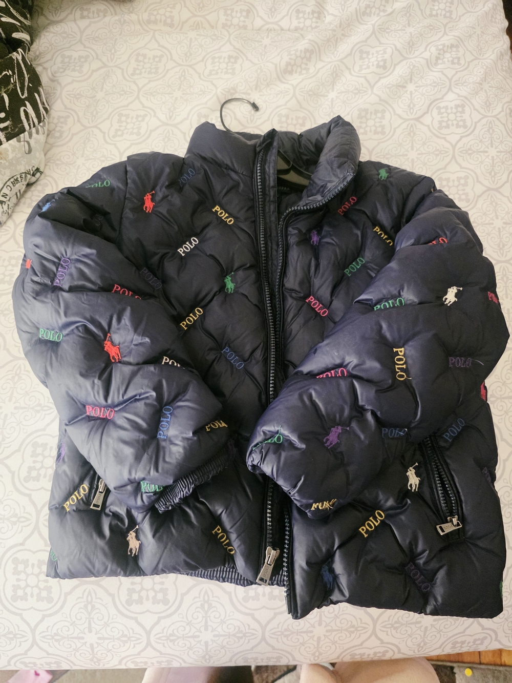 Polo by Ralph Lauren Navy Puffer Jacket with Multicolor Embroidered Logos